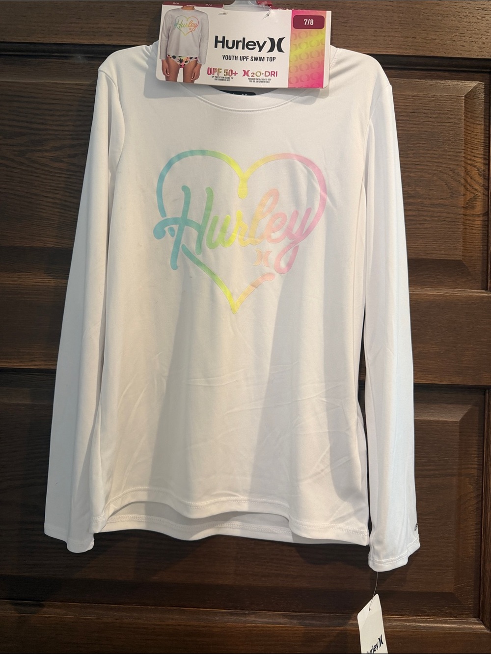 Hurley White Long-Sleeve Swim Tee with Pastel Rainbow Heart Logo